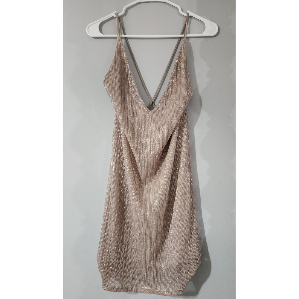 Express Metallic Gold Rose Gold Mini Slip Dress Cross Back Pleated Size S